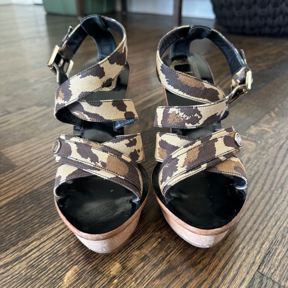 DIOR Christian Dior Paris "Initiales" Leopard Print Wooden Platform Sandal 37.5